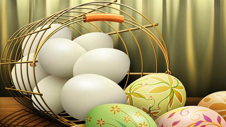 White Eggs In Basket With Designed Eggs